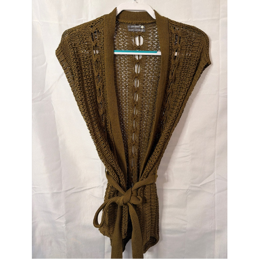Anthropologie Olive Open Weave Knit Belted Cardigan Vest Boho Lagenlook Small